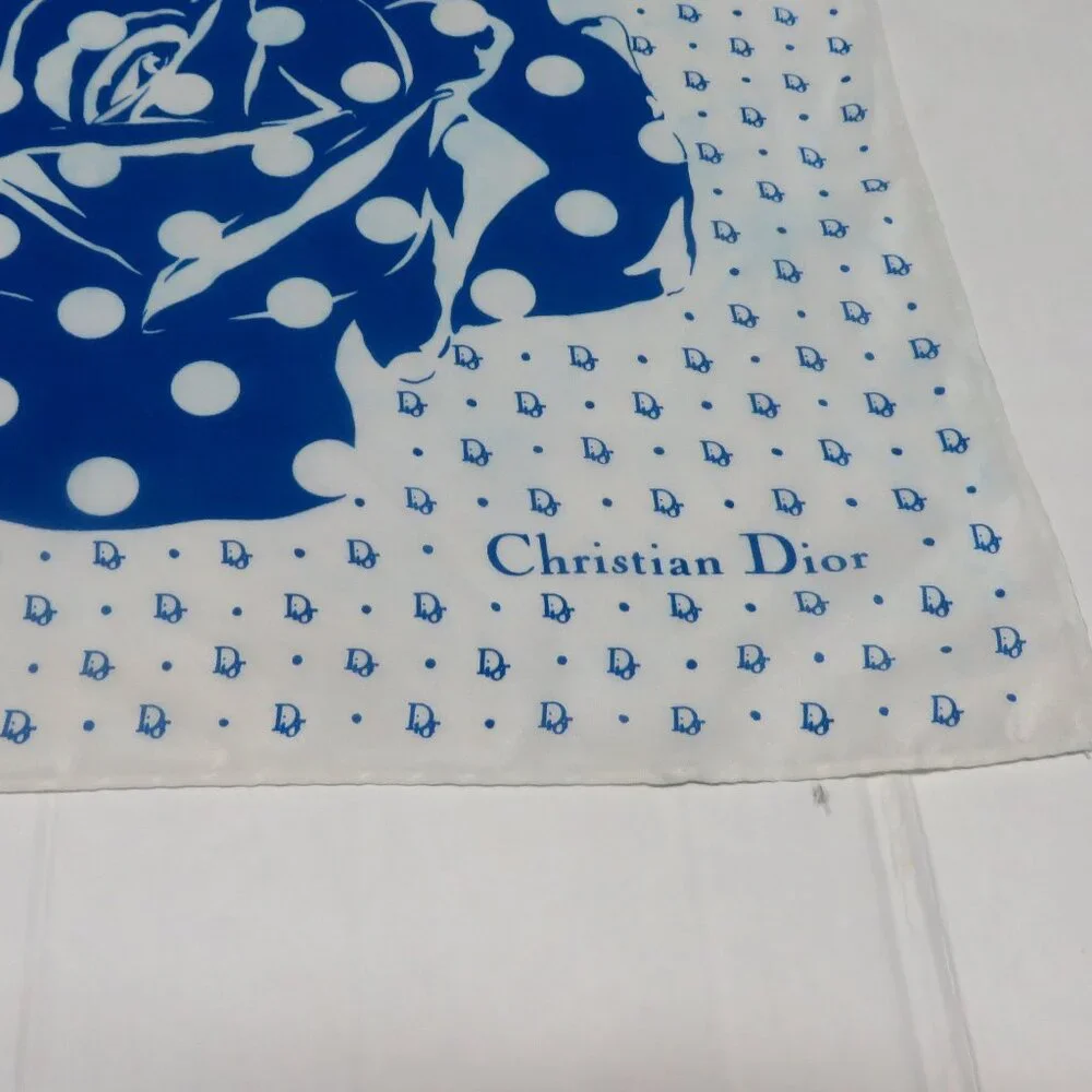 ❤️CHRISTIAN DIOR Blue White Polka Dot Logo Silk Scarf Shawl Wrap Plump Hem